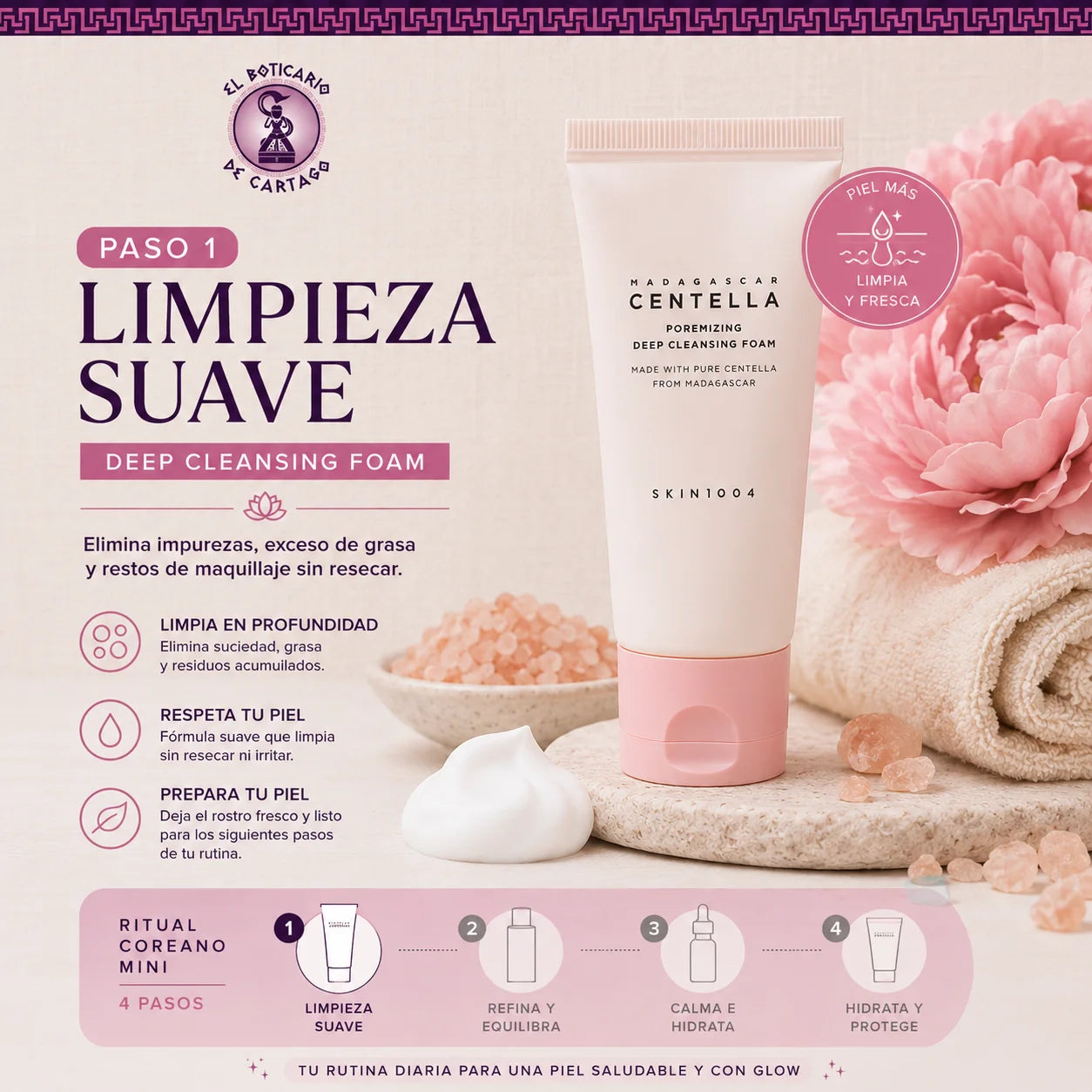Paso 1 Centella Pink Ritual – Espuma limpiadora Poremizing Deep Cleansing Foam con centella asiática para una limpieza suave y profunda