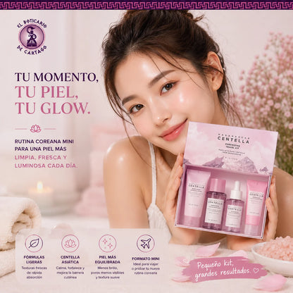 Mujer con piel luminosa sosteniendo el kit Centella Pink Ritual – Rutina coreana mini para una piel limpia, fresca y con glow