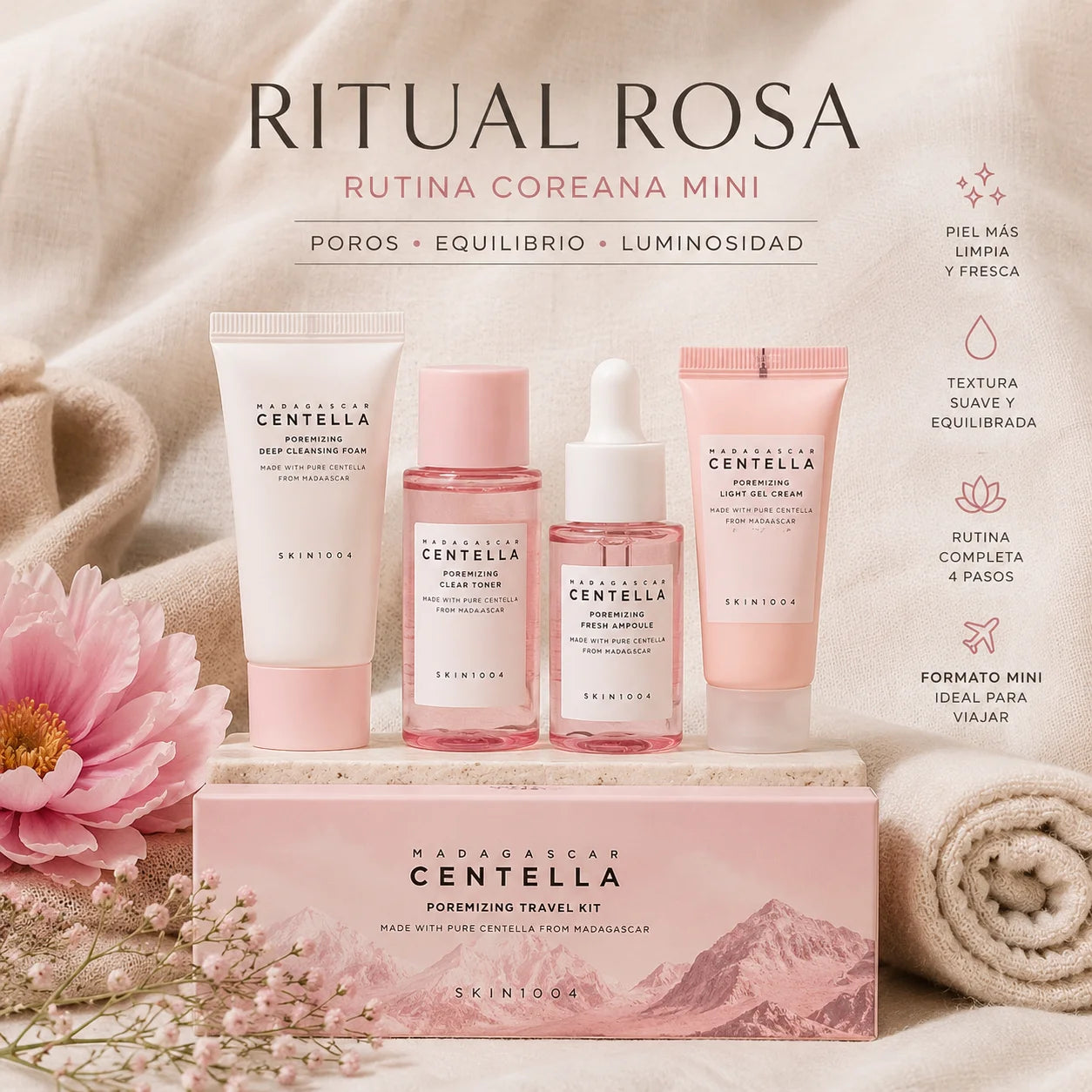 Kit Centella Pink Ritual – Mini rutina coreana de 4 pasos para poros, equilibrio y luminosidad