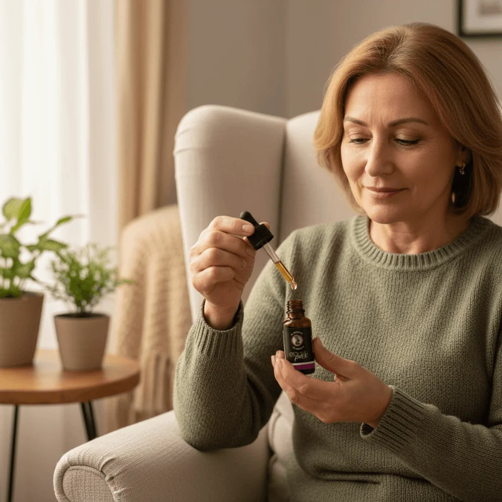 Mujer madura usando aceite CBD 10% Coco Pax para alivio natural del dolor crónico y mejora de calidad de vida