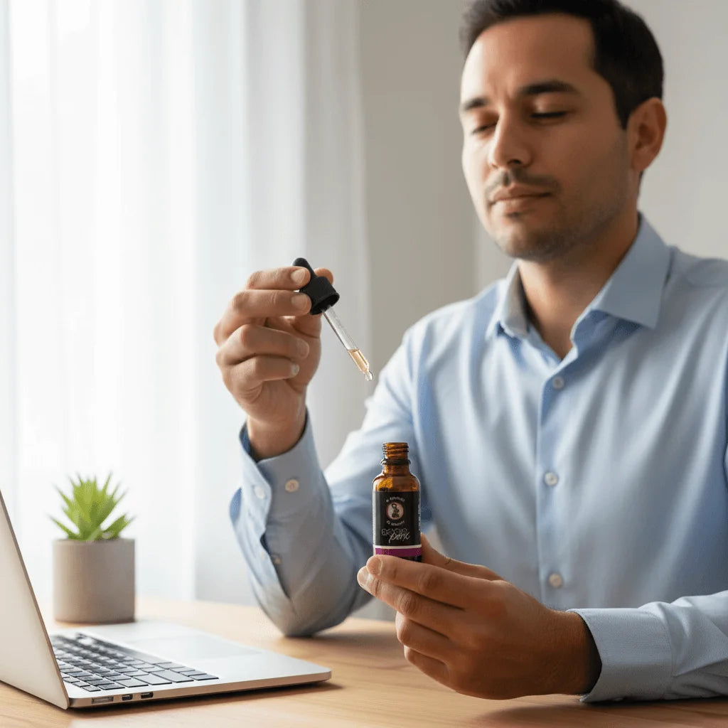 Hombre profesional usando aceite CBD 10% Coco Pax para gestionar el estrés laboral durante su jornada