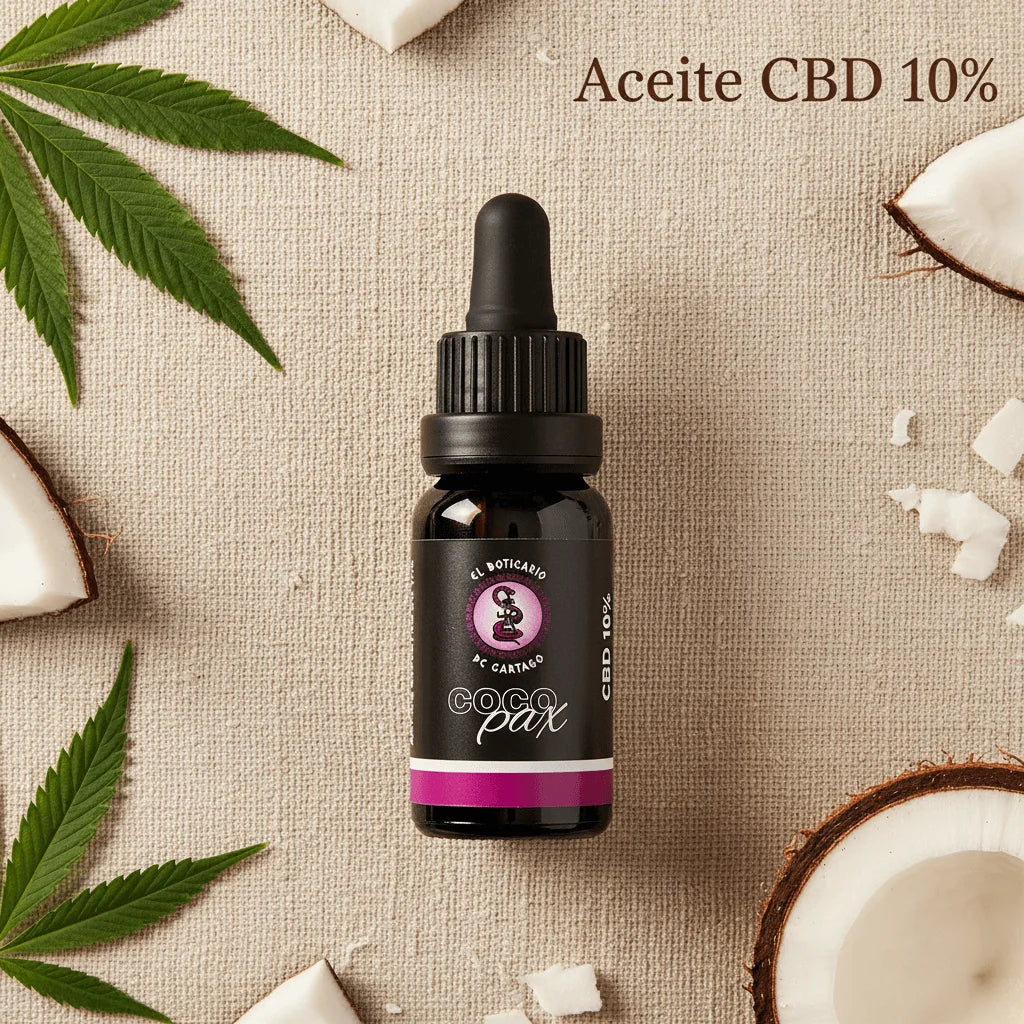 Coco Pax Aceite CBD 10% con aroma a coco sobre fondo natural con hojas de cannabis y coco - Aceite de cannabidiol premium