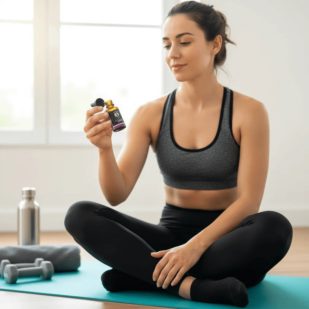 Mujer deportista usando aceite CBD 10% Coco Pax para recuperación muscular después de entrenar