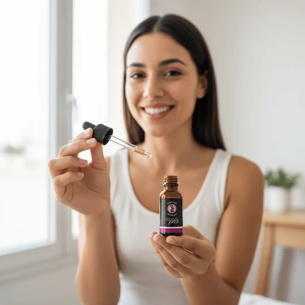 Mujer usando aceite CBD 10% Coco Pax en su rutina diaria para bienestar y equilibrio