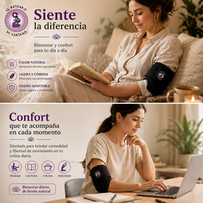 Imagen lifestyle de codera de turmalina autocalentable utilizada durante momentos de lectura, trabajo y descanso para aportar confort y bienestar diario