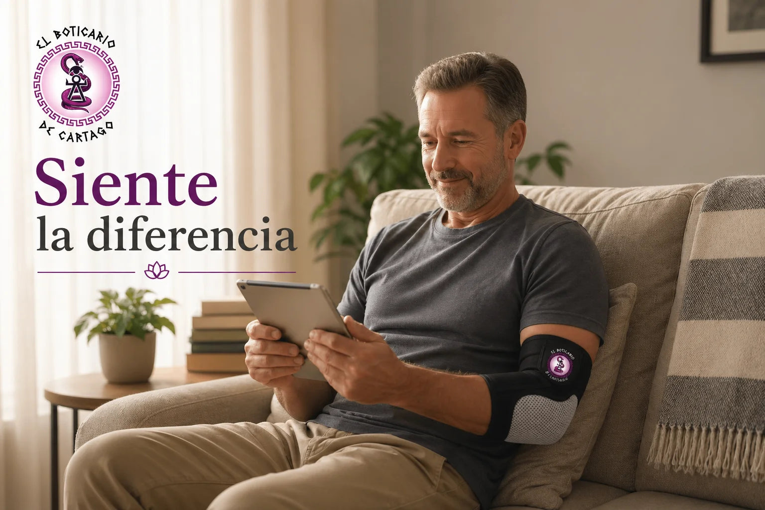 Imagen lifestyle de codera de turmalina autocalentable utilizada en un entorno de descanso y bienestar diario con el mensaje “Siente la diferencia”