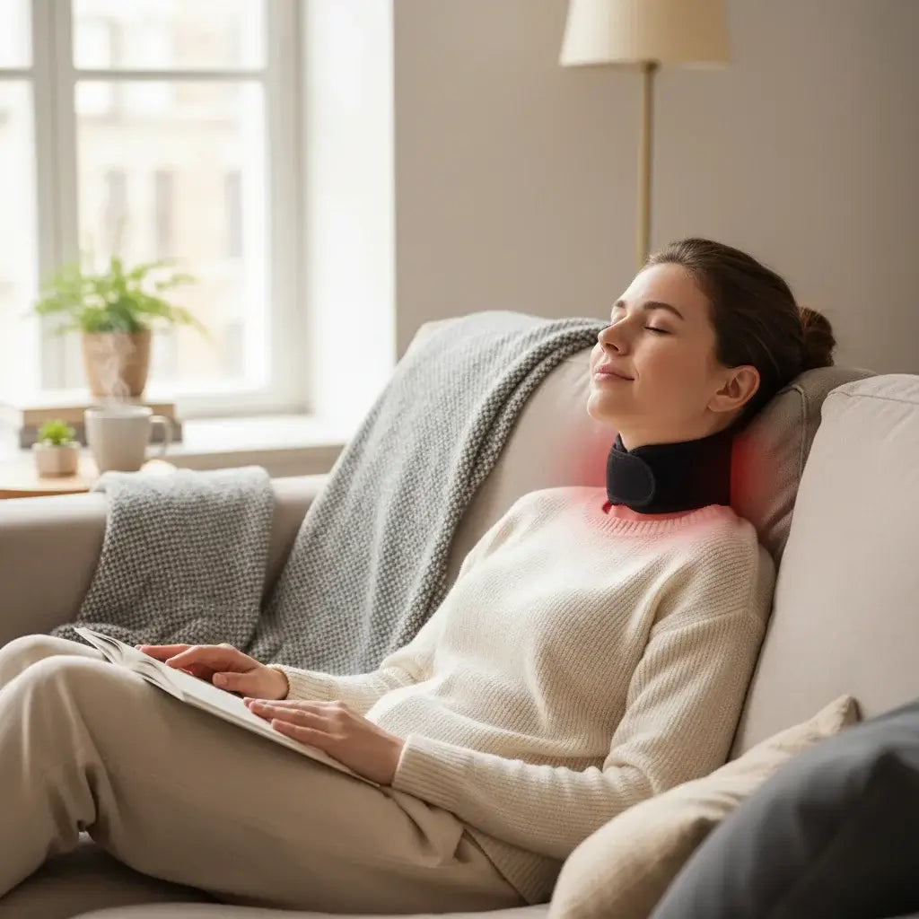 Persona relajada en casa usando collar de turmalina con calor infrarrojo visible en el cuello, ambiente acogedor de bienestar