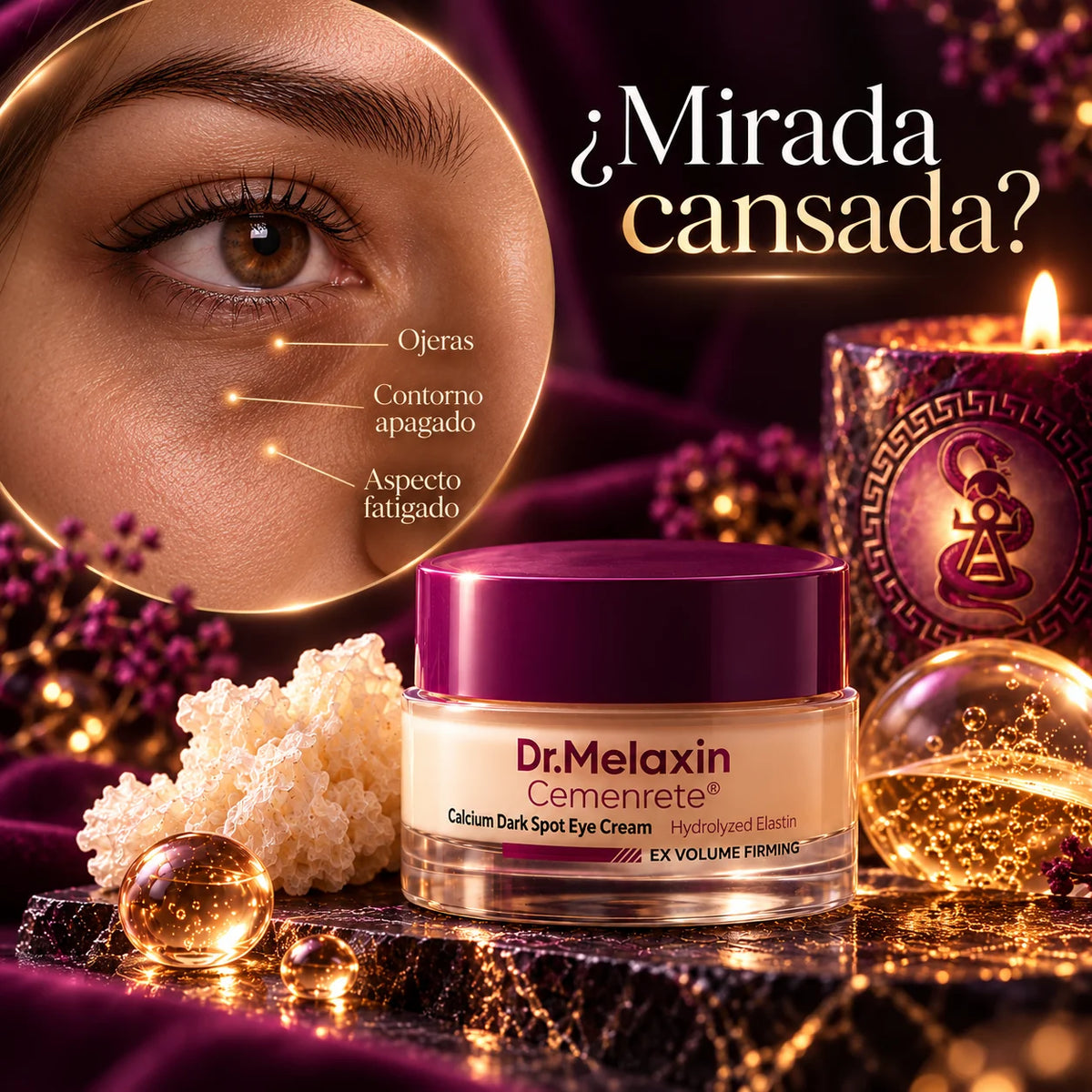 Contorno de ojos Dr. Melaxin Cemenrete junto a un primer plano del ojo que señala ojeras, contorno apagado y aspecto fatigado.