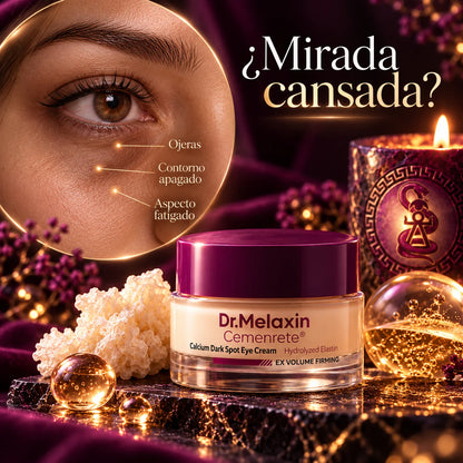 Contorno de ojos Dr. Melaxin Cemenrete junto a un primer plano del ojo que señala ojeras, contorno apagado y aspecto fatigado.