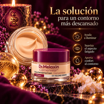 Contorno de ojos Dr. Melaxin Cemenrete con un tarro abierto que muestra su textura cremosa y texto sobre luminosidad y confort.