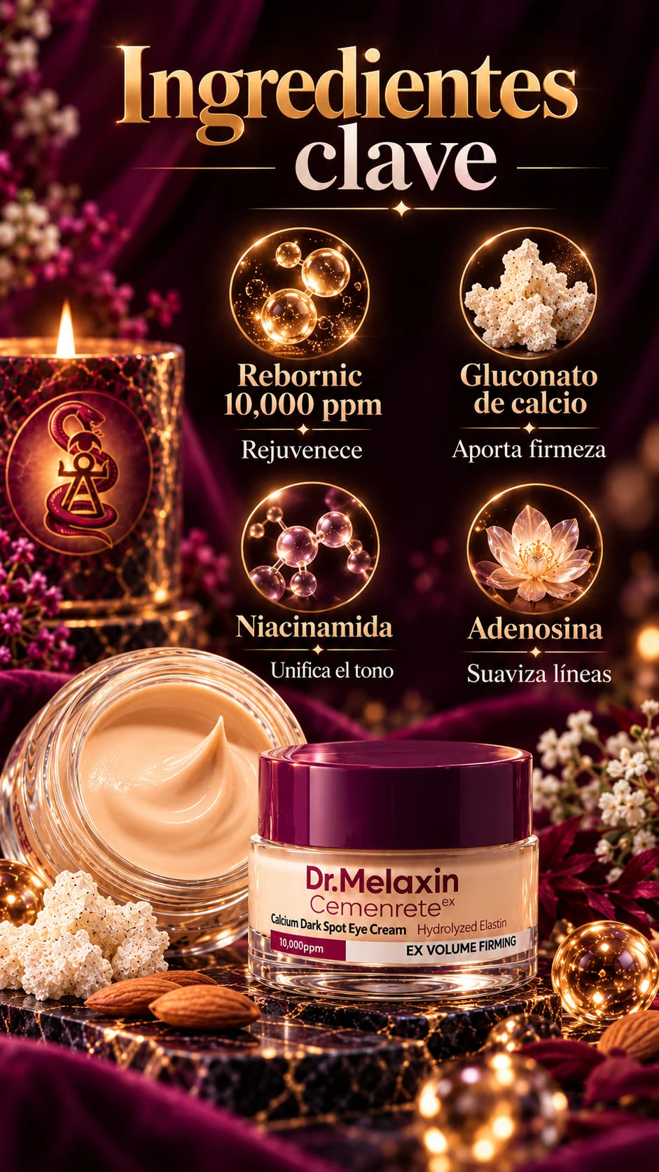 Contorno de ojos Dr. Melaxin Cemenrete con textura en crema e ingredientes destacados: Rebornic, gluconato de calcio, niacinamida y adenosina.