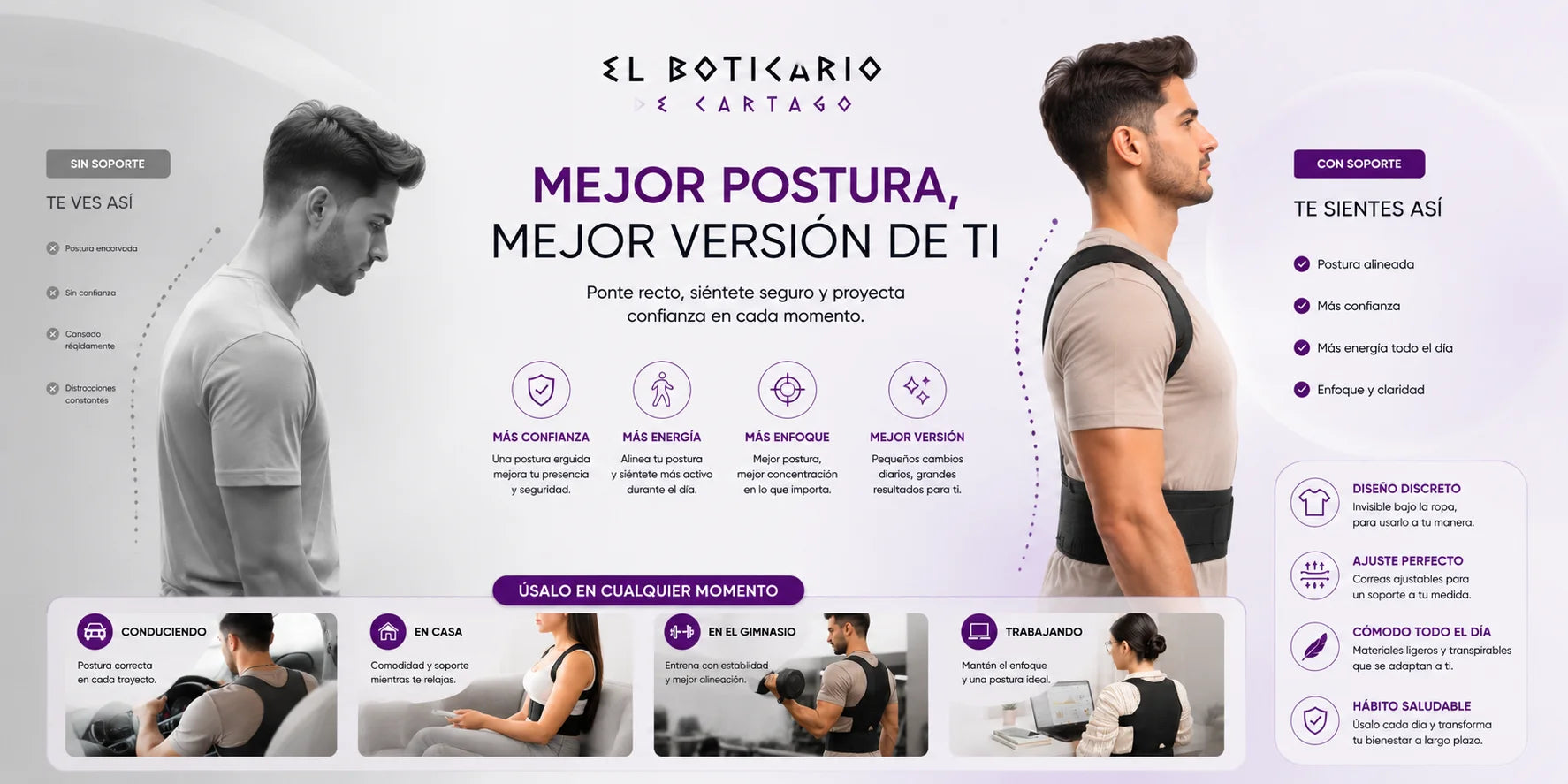 Comparativa sin y con corrector postural El Boticario de Cartago – mejor postura, más confianza y energía, uso en conducción, casa, gimnasio y trabajo