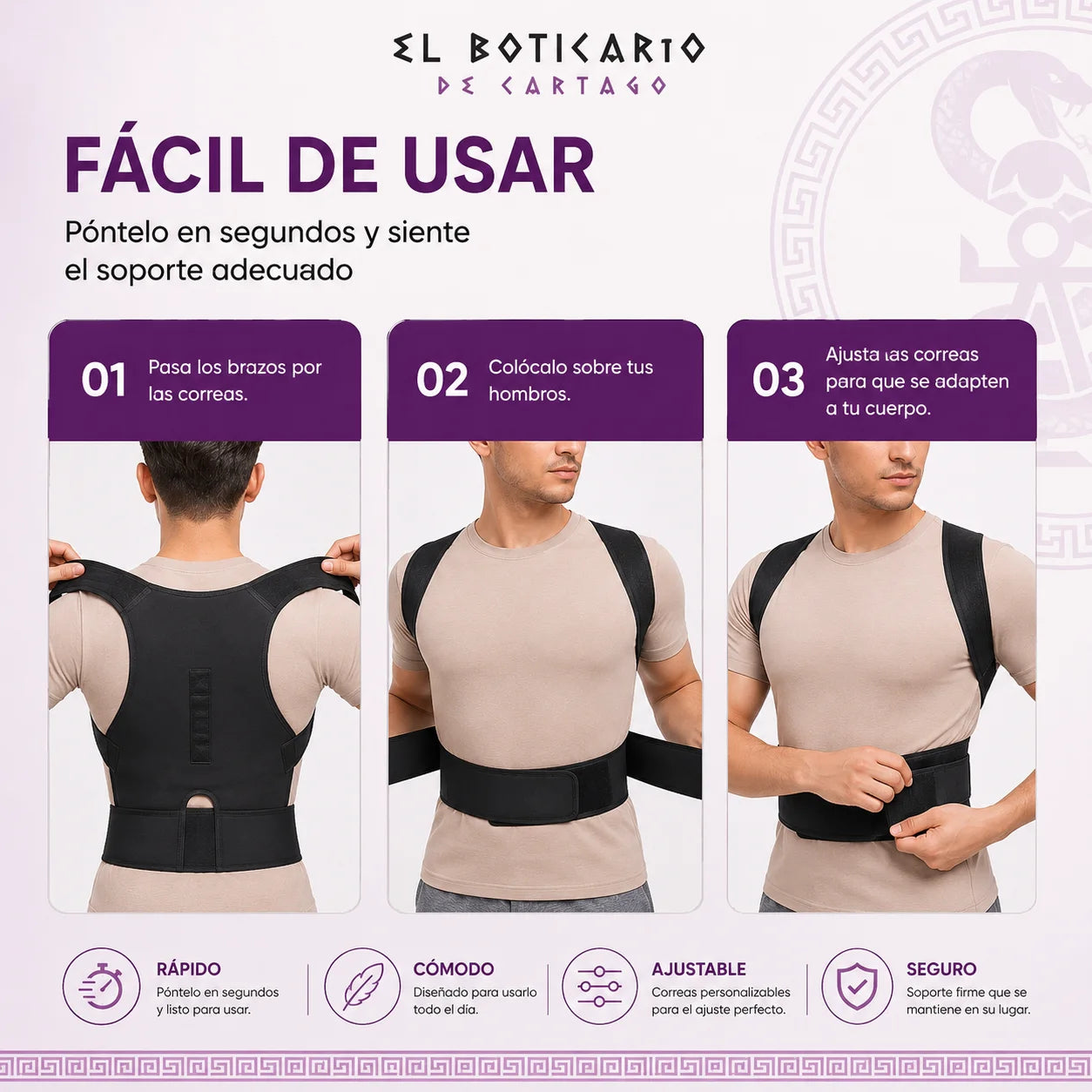 Cómo ponerse el corrector postural El Boticario de Cartago en 3 pasos – rápido, ajustable y cómodo para todo el día