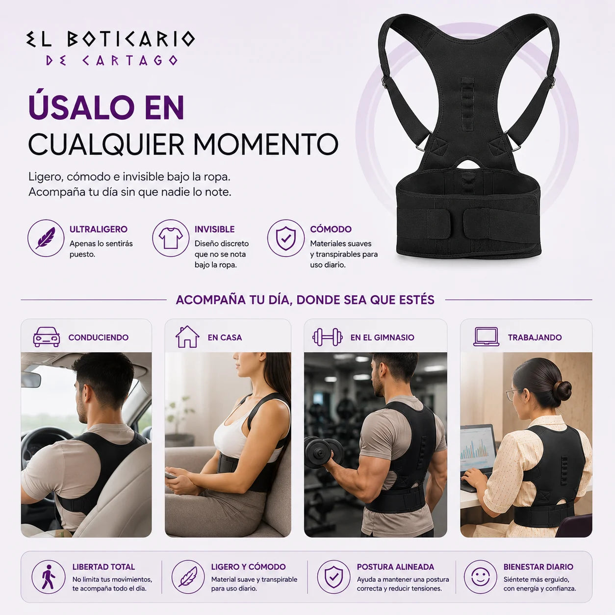 Corrector postural magnético El Boticario de Cartago para cualquier momento – conducir, casa, gimnasio y trabajo, libertad total de movimiento