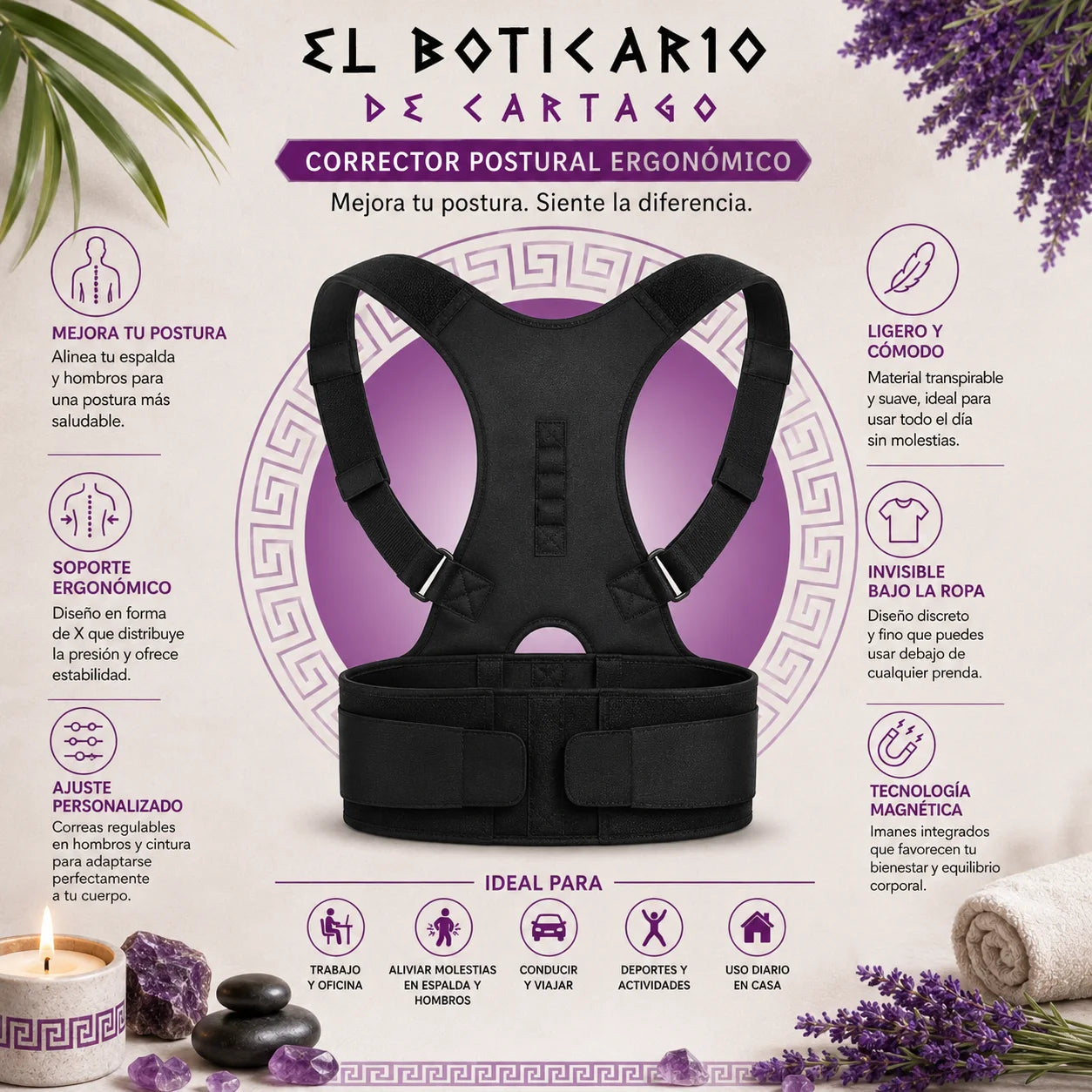Infografía corrector postural ergonómico El Boticario de Cartago – soporte lumbar, ajuste personalizado, tecnología magnética, ideal para trabajo, deporte y uso diario