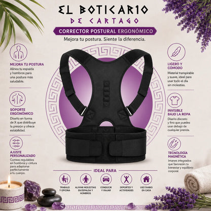 Infografía corrector postural ergonómico El Boticario de Cartago – soporte lumbar, ajuste personalizado, tecnología magnética, ideal para trabajo, deporte y uso diario