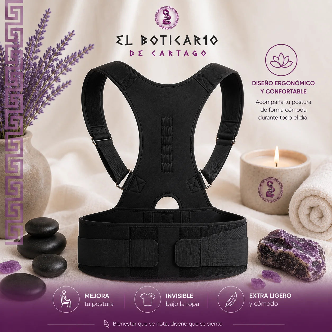 Corrector postural ergonómico El Boticario de Cartago – diseño negro, soporte lumbar ajustable, invisible bajo la ropa, extra ligero y cómodo para todo el día
