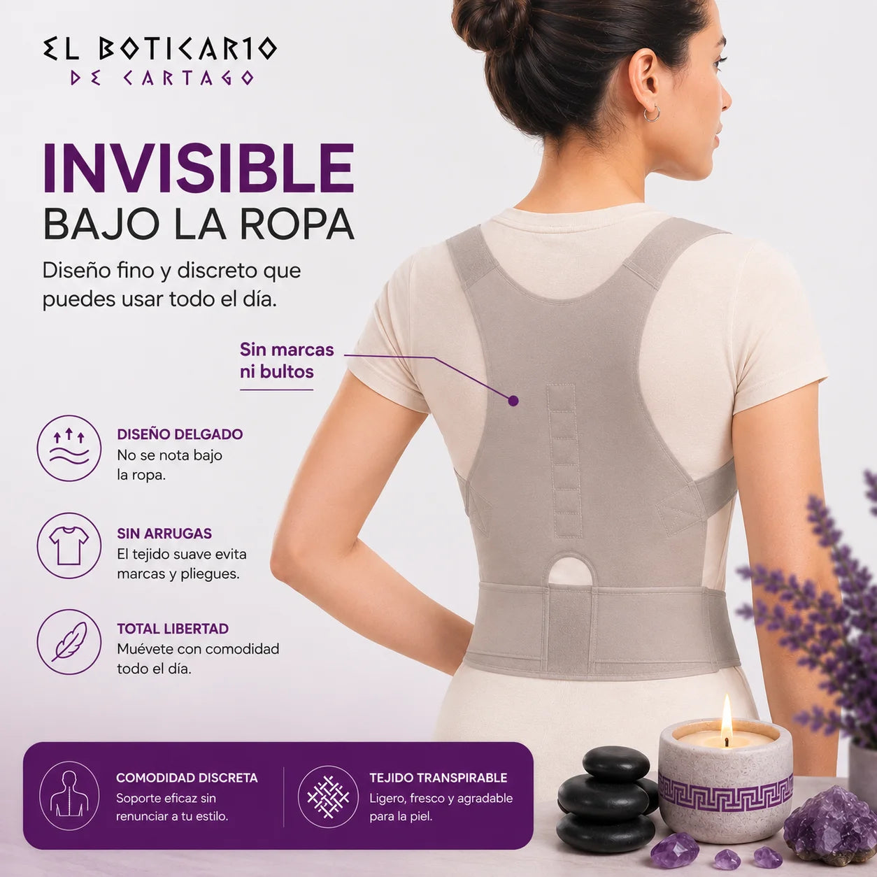 Corrector postural El Boticario de Cartago invisible bajo la ropa – diseño delgado, sin arrugas, tejido transpirable para uso diario