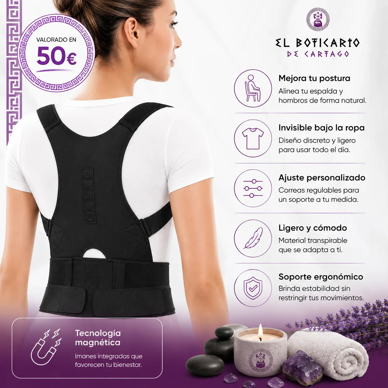 Mujer usando corrector postural El Boticario de Cartago – mejora postura, ajuste personalizado, tecnología magnética, invisible bajo la ropa
