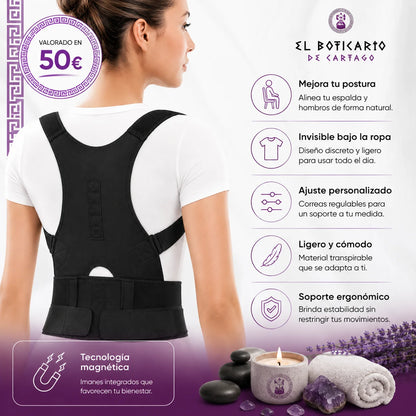 Mujer usando corrector postural El Boticario de Cartago – mejora postura, ajuste personalizado, tecnología magnética, invisible bajo la ropa