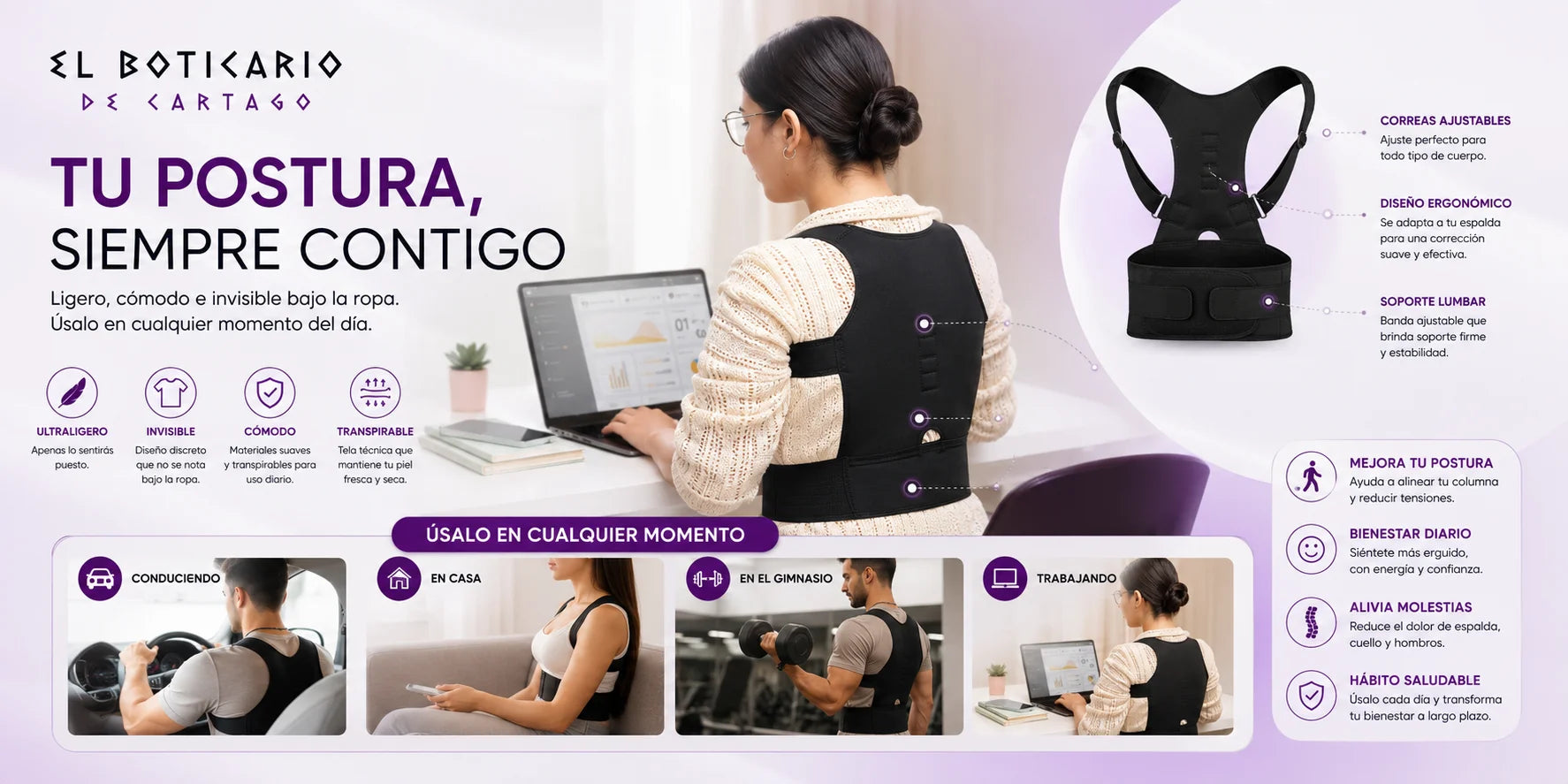 Mujer trabajando con corrector postural El Boticario de Cartago – ultraligero, invisible, transpirable, alivia dolor de espalda, cuello y hombros