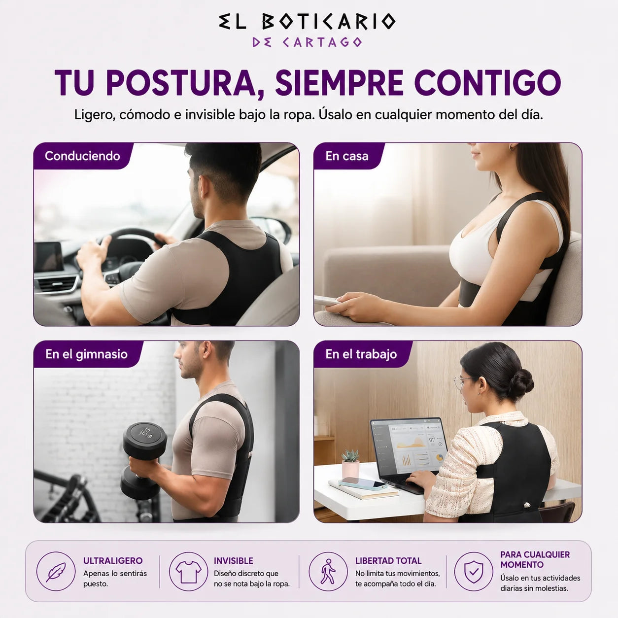 Corrector postural El Boticario de Cartago en uso diario – conduciendo, en casa, en el gimnasio y trabajando, ultraligero e invisible