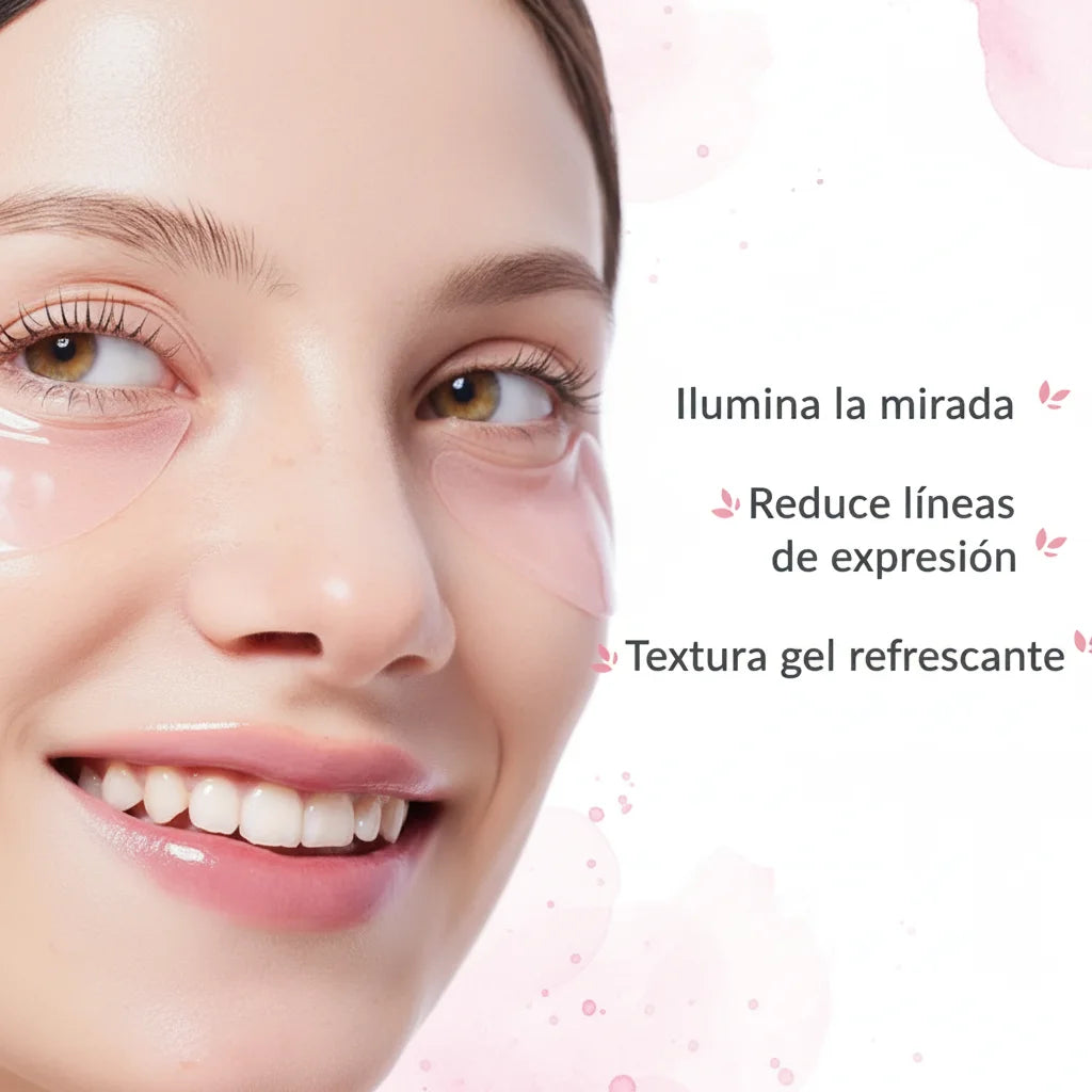 Mujer aplicando parches de ojos COSRX con péptidos y colágeno - reduce ojeras, hidratación 24h y efecto lifting
