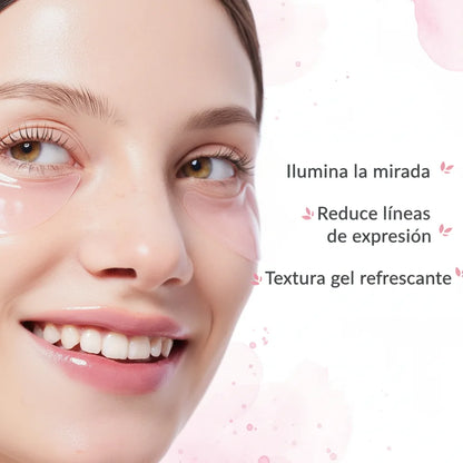 Mujer aplicando parches de ojos COSRX con péptidos y colágeno - reduce ojeras, hidratación 24h y efecto lifting