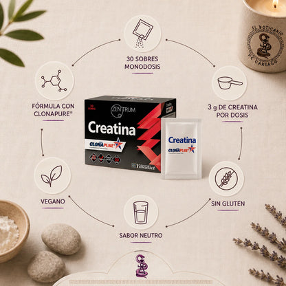 Creatina Zentrum Clonapure en sobres monodosis 3g por dosis, vegana, sin gluten y sabor neutro