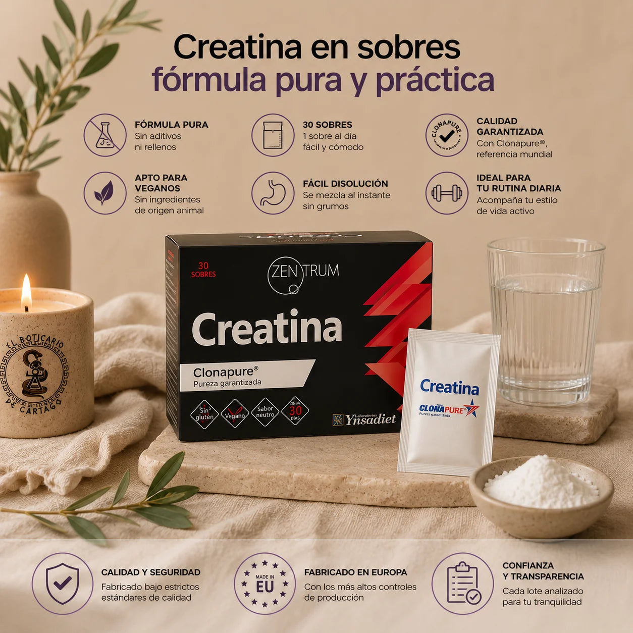 Creatina en sobres Zentrum Clonapure fórmula pura sin aditivos, fabricada en Europa, apta para veganos y sin gluten