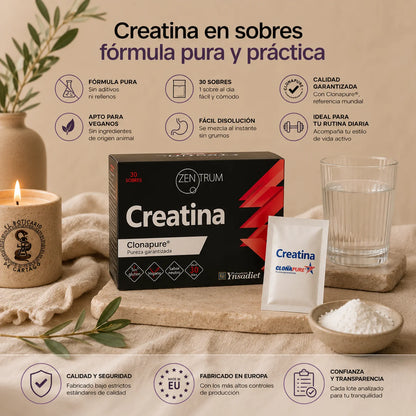 Creatina en sobres Zentrum Clonapure fórmula pura sin aditivos, fabricada en Europa, apta para veganos y sin gluten