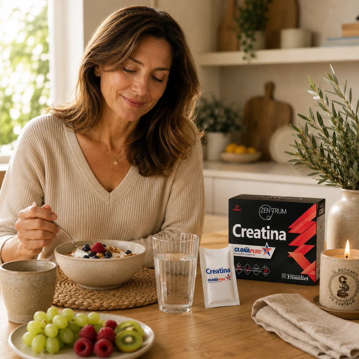 Mujer tomando creatina Zentrum Clonapure en el desayuno como parte de su rutina diaria activa