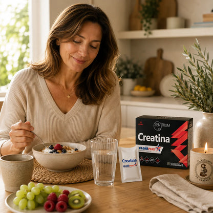 Mujer tomando creatina Zentrum Clonapure en el desayuno como parte de su rutina diaria activa