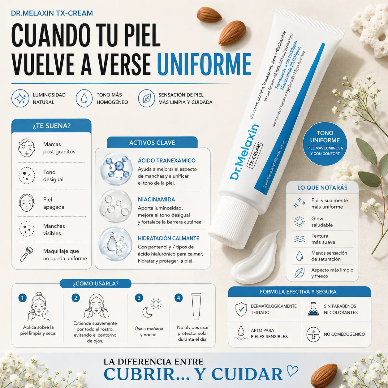 Crema con ácido tranexámico y niacinamida para ayudar a mejorar el aspecto de manchas, unificar el tono y aportar luminosidad a la piel