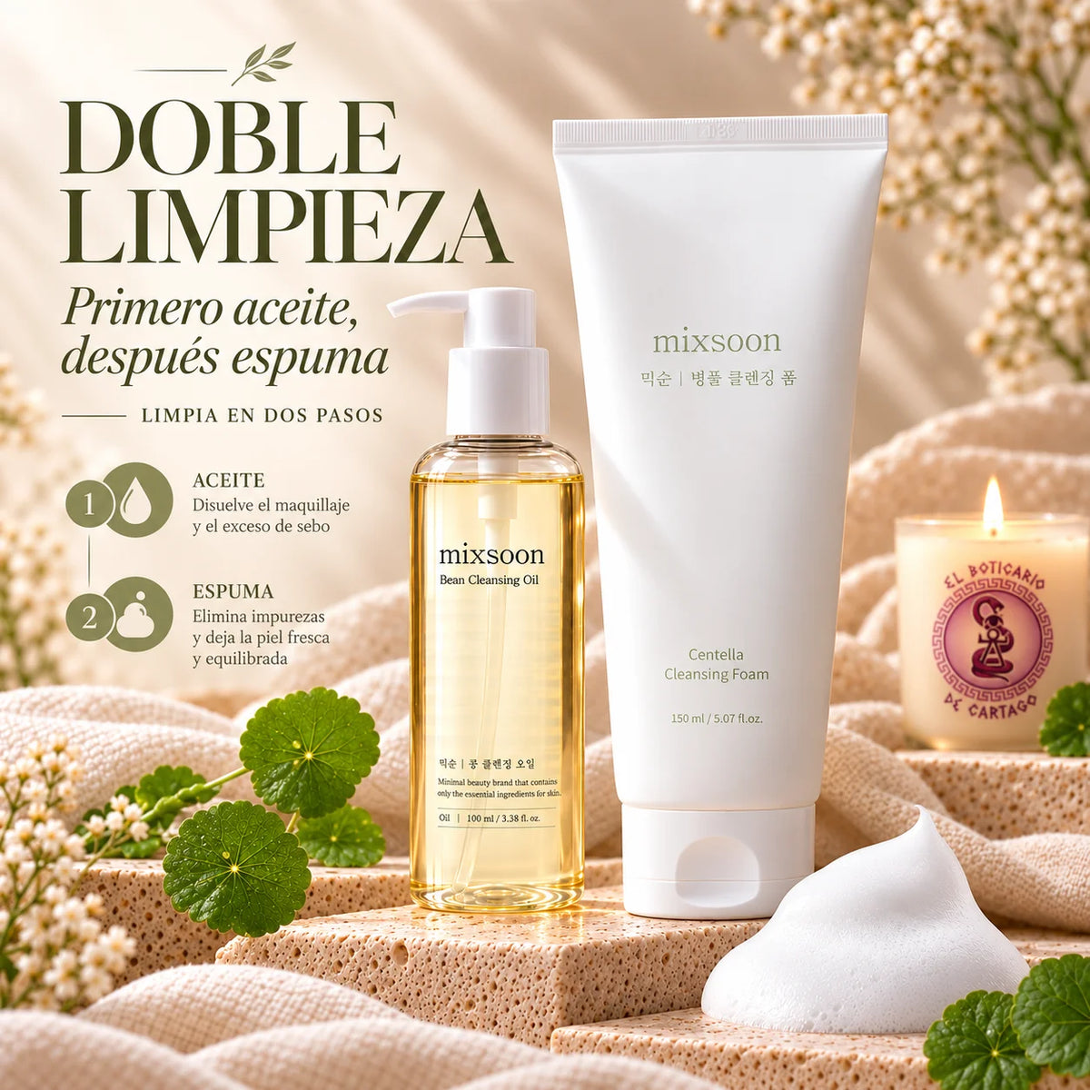 Doble limpieza facial Mixsoon en dos pasos: primero Bean Cleansing Oil y después Centella Cleansing Foam.