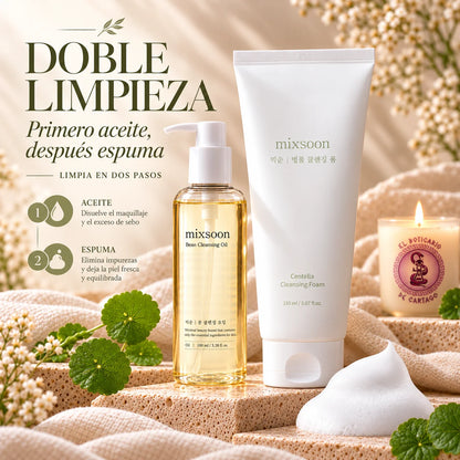 Doble limpieza facial Mixsoon en dos pasos: primero Bean Cleansing Oil y después Centella Cleansing Foam.