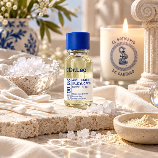 Frasco de loción secante Dr. Leo Acne Buster con ácido salicílico sobre una base de piedra, junto a bastoncillos y una vela.