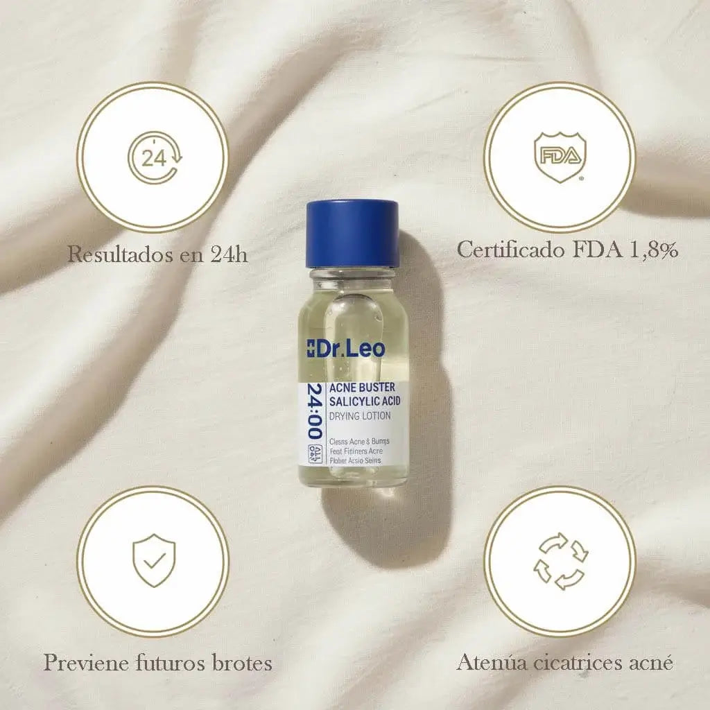 Infografía beneficios DR. LEO loción secante acné - Resultados 24h, certificado FDA, previene brotes y atenúa cicatrices