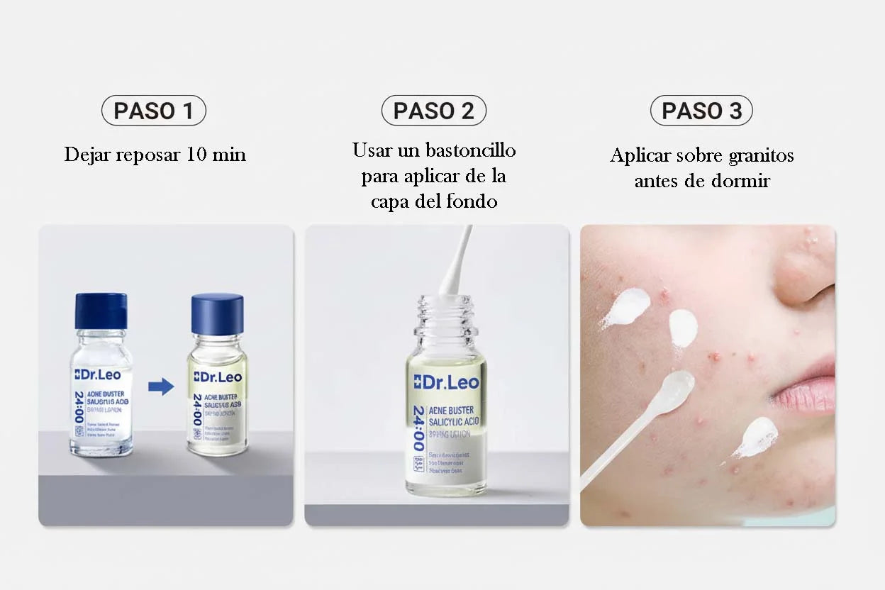 Instrucciones de uso DR. LEO Loción Anti-Acné en 3 pasos sencillos