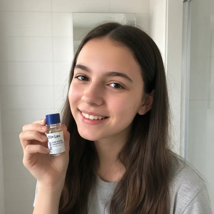 Adolescente aplicando DR. LEO loción secante para acné con hisopo de algodón - Testimonio real de uso