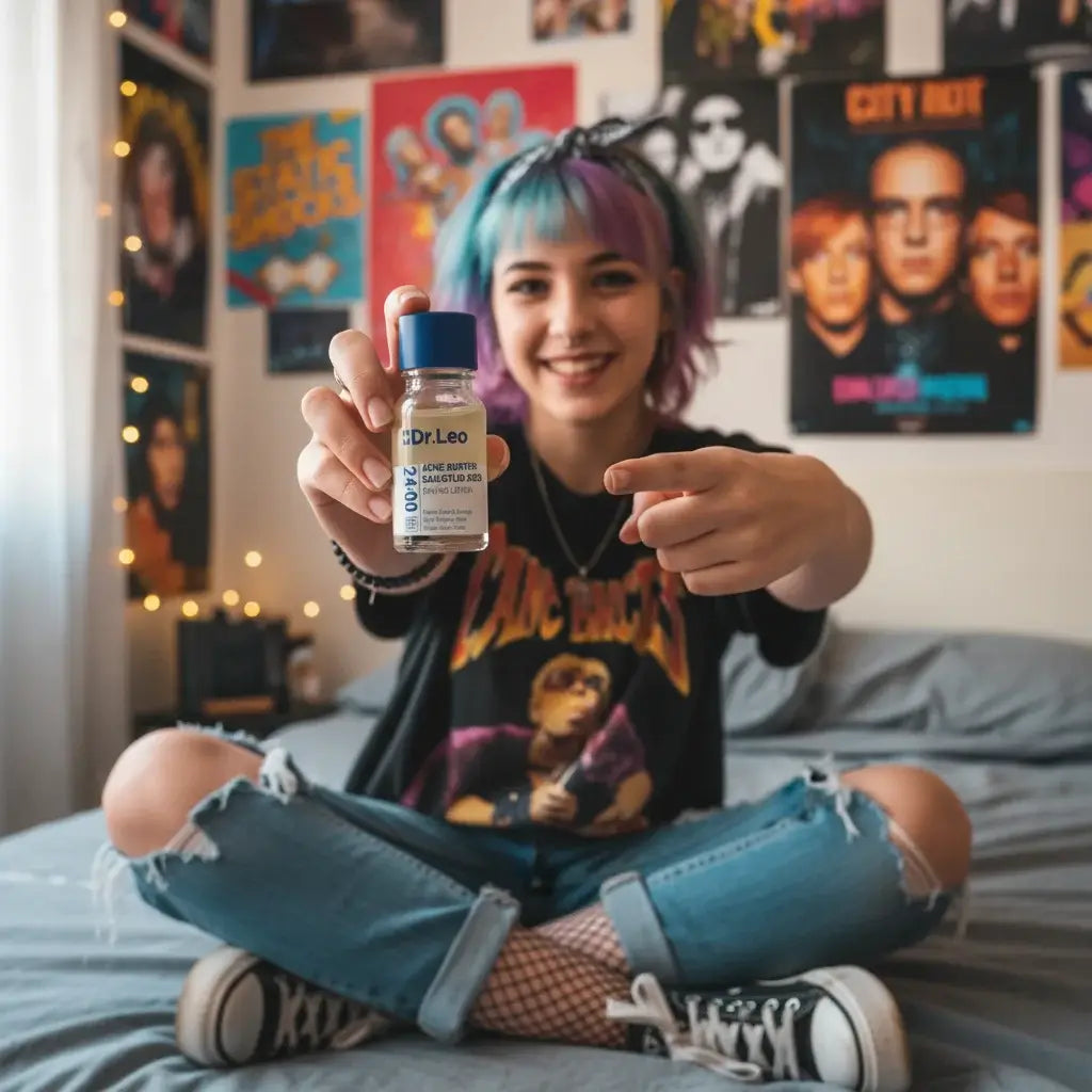 Adolescente española con estilo urbano mostrando DR. LEO loción anti-acné - Testimonio real