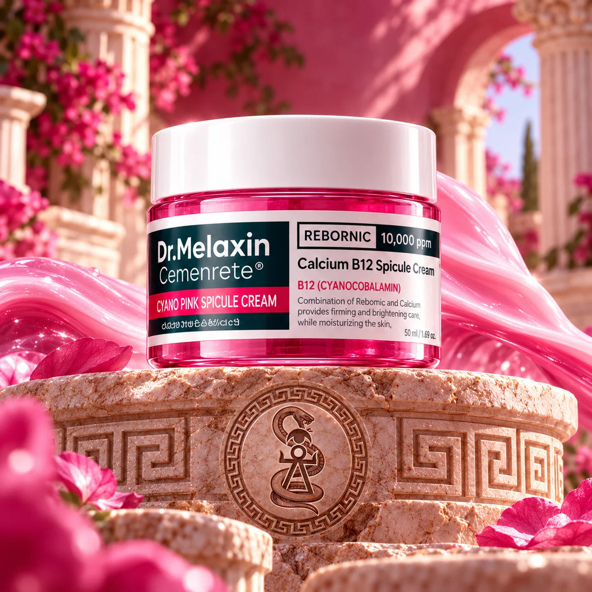 Tarro de Dr. Melaxin Calcium B12 Spicule Cream de 50 ml sobre un pedestal, rodeado de crema rosa y flores.