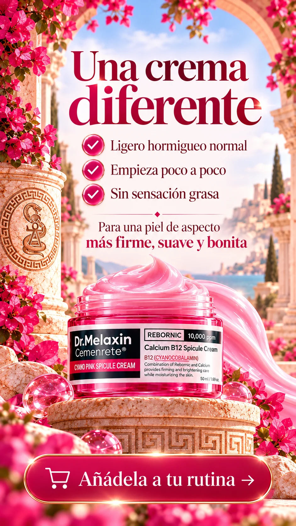 Tarro abierto de crema Dr. Melaxin Calcium B12 mostrando su textura rosa, entre flores y columnas en una terraza mediterránea.