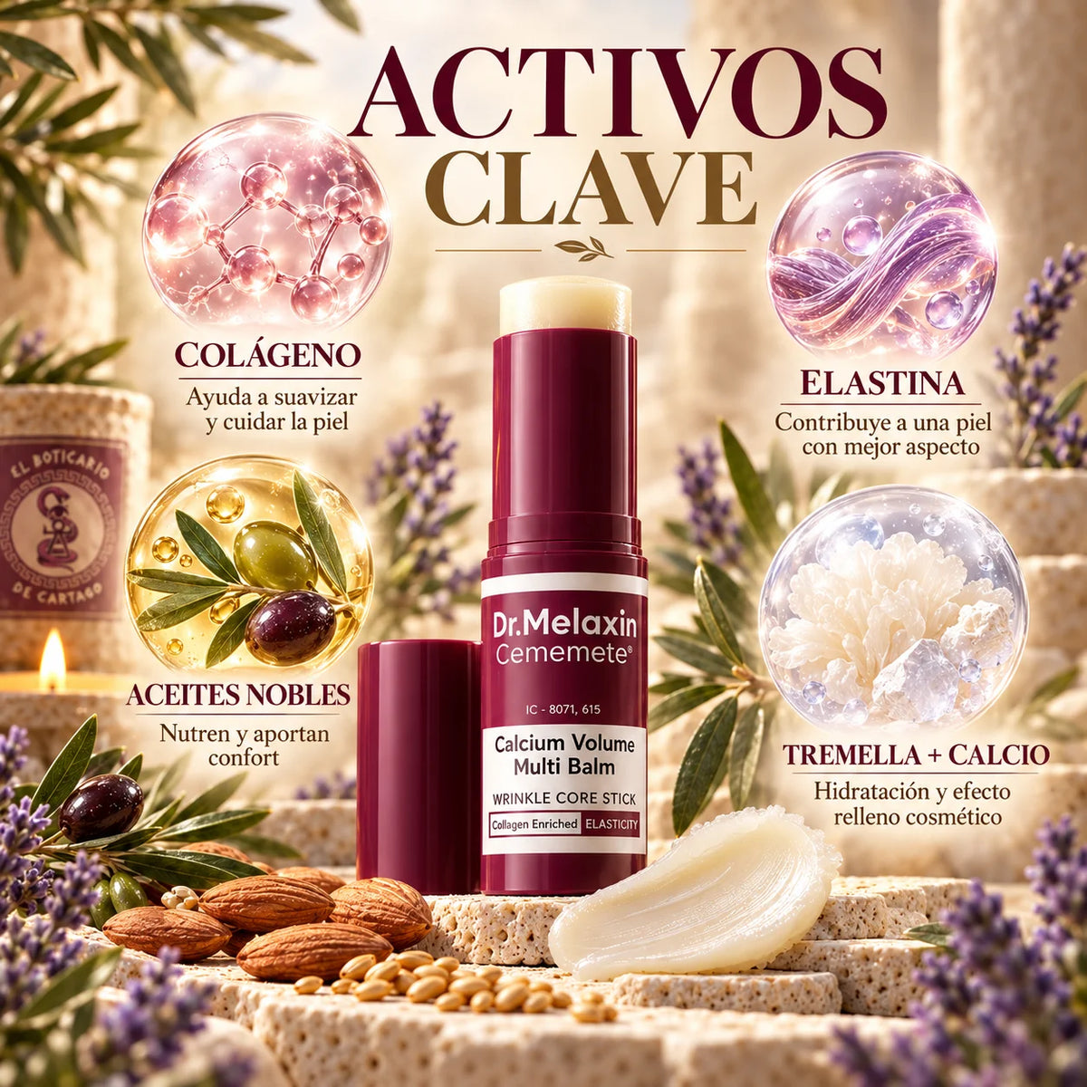 Infografía de Dr. Melaxin Calcium Volume Multi Balm que destaca colágeno, elastina, aceites nobles y tremella con calcio como activos clave para el cuidado y la hidratación de la piel.