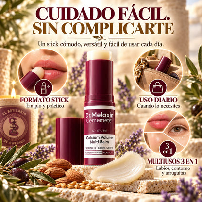 Infografía de Dr. Melaxin Calcium Volume Multi Balm: «Cuidado fácil, sin complicarte». Destaca su formato stick, uso diario y aplicación en labios, contorno de ojos y zonas con arruguitas.