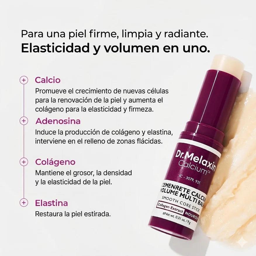 Dr. Melaxin Calcium Volume Multi Balm Smooth Core Stick con ingredientes activos: calcio, adenosina, colágeno y elastina para piel firme y radiante