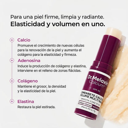Dr. Melaxin Calcium Volume Multi Balm Smooth Core Stick con ingredientes activos: calcio, adenosina, colágeno y elastina para piel firme y radiante