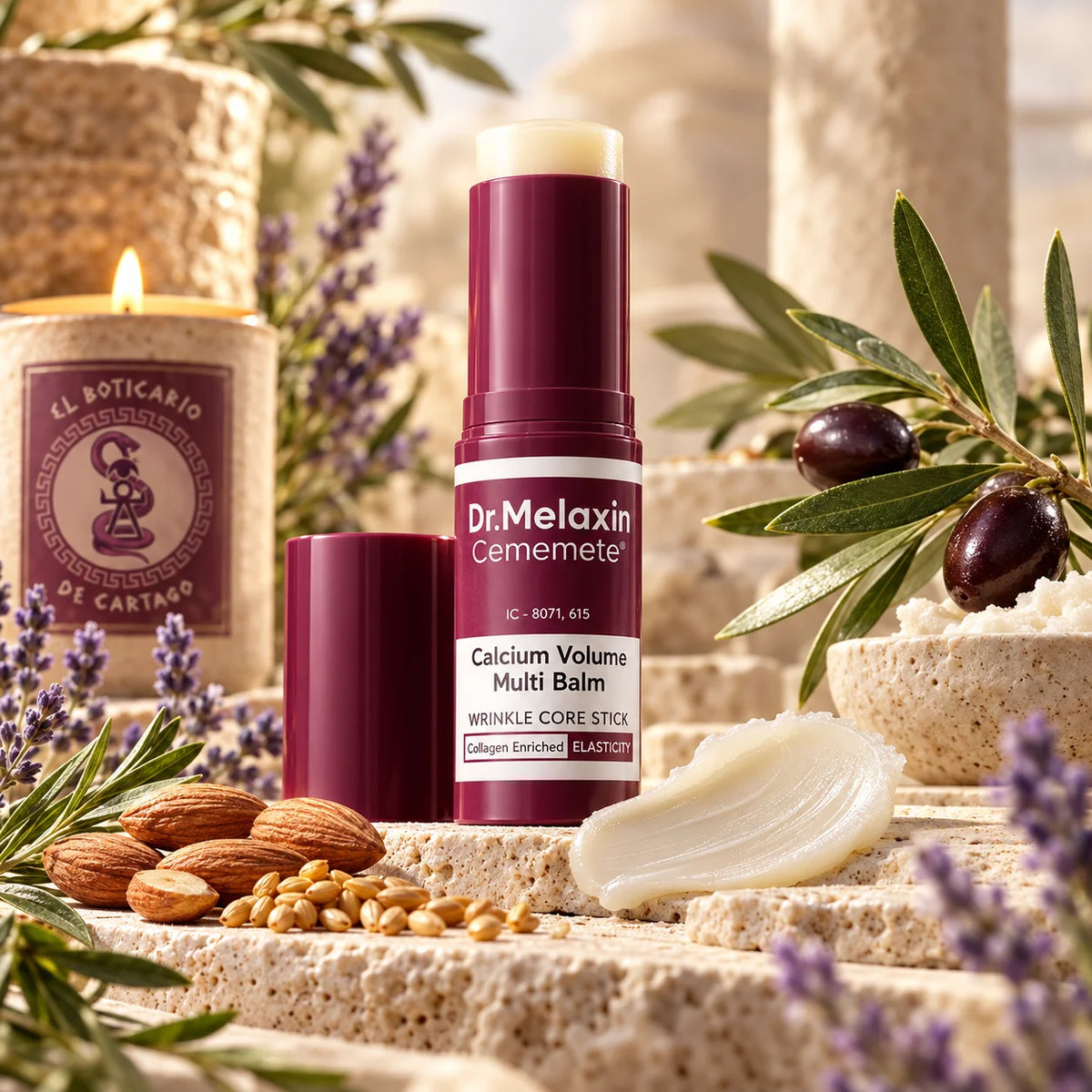 Bálsamo en stick Dr. Melaxin Calcium Volume Multi Balm abierto, junto a una muestra de textura sobre piedra, con lavanda y una vela de El Boticario de Cartago.