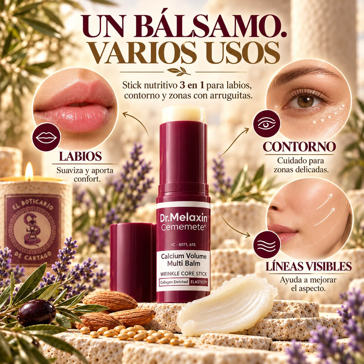 Infografía de Dr. Melaxin Calcium Volume Multi Balm: «Un bálsamo, varios usos», con ilustraciones de aplicación en labios, contorno de ojos y zonas con líneas visibles.