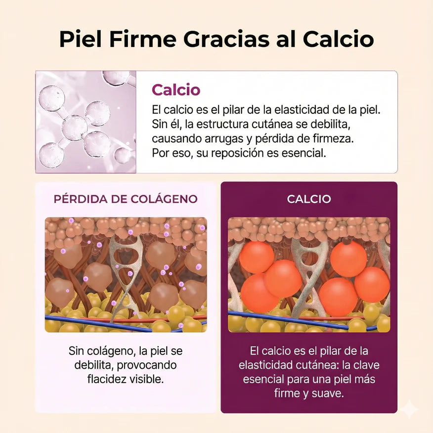 Dr. Melaxin Cemenrete – infografía sobre el papel del calcio y colágeno en la firmeza cutánea
